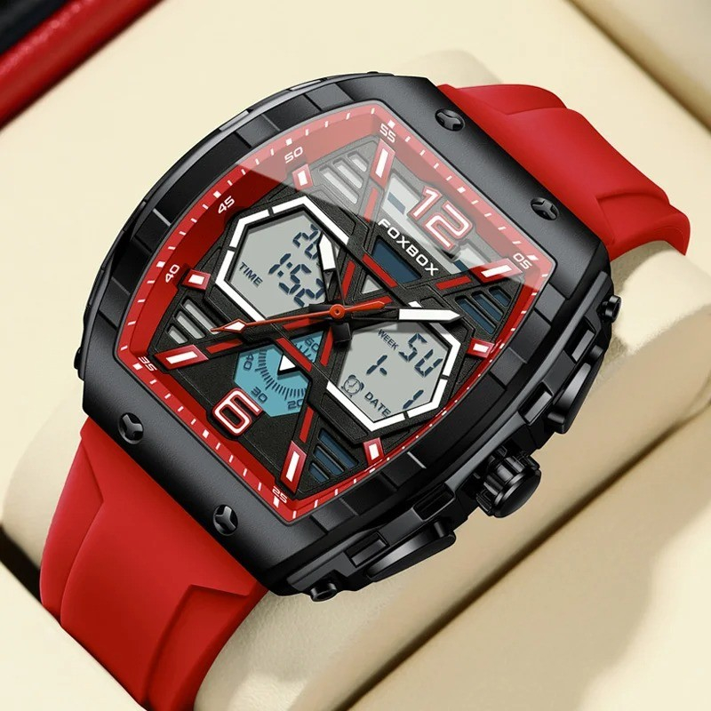 FOXBOX Red Slicon Luxury Mens Quartz Watch Sport Waterproof Digital Luminous watch