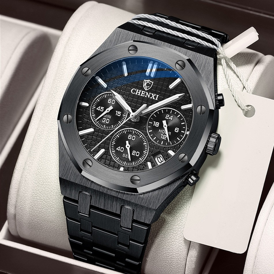 Chenxi Luxury Black Watches for Men Royal Stainless Steel Waterproof Chronograph Golden Business Casual Male Quartz Wristwatch
