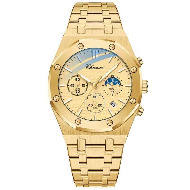 Luxury Gold Watches for Men Royal Stainless Steel Waterproof Chronograph Golden Business Casual Male Quartz Wristwatch
