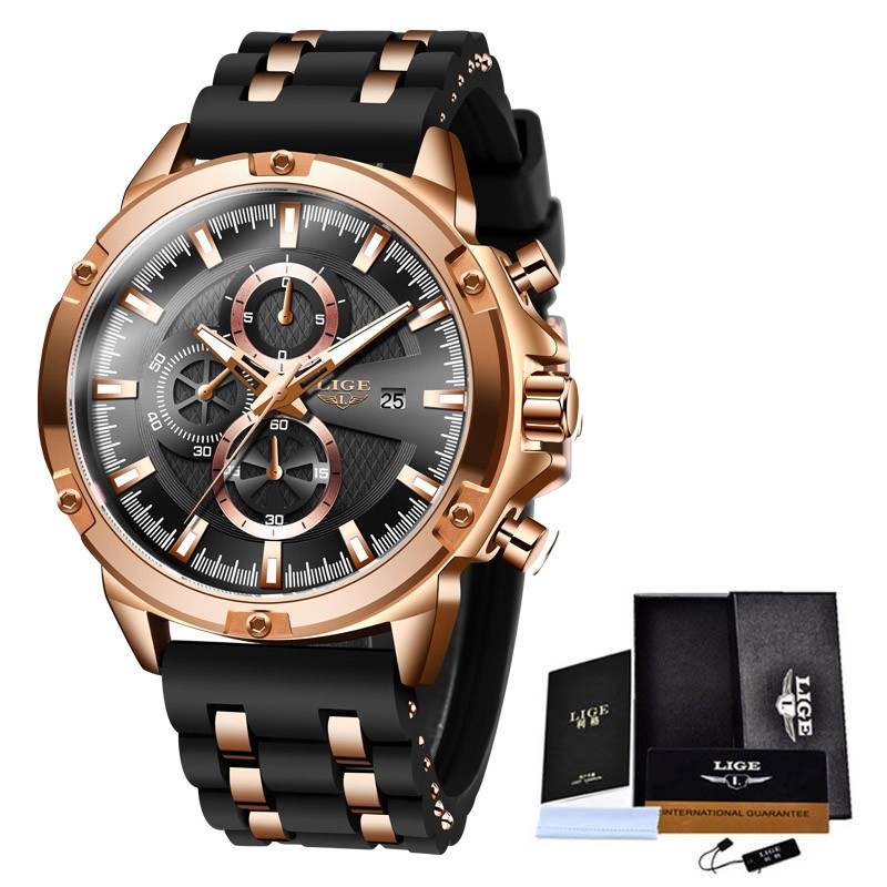 LIGE 10028 Silicone belt Mens Watches Brand Luxury Dial Clock Male Fashion Waterproof Quartz Gold Watch Men Sport Chronograph Montre Homme