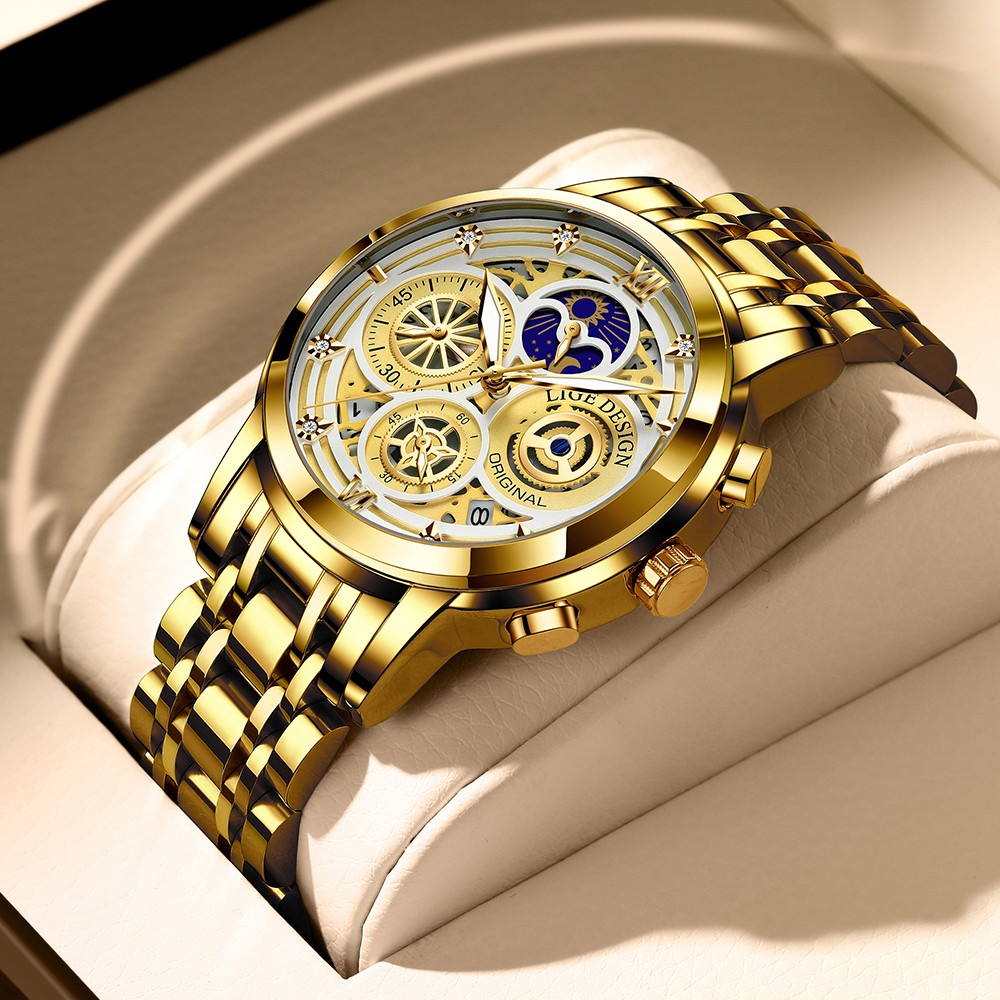 LIGE 8942 Mens Watches Top Brand Luxury Skeleton Quartz Wristwatch Fashion Business Stainless Gold Watch