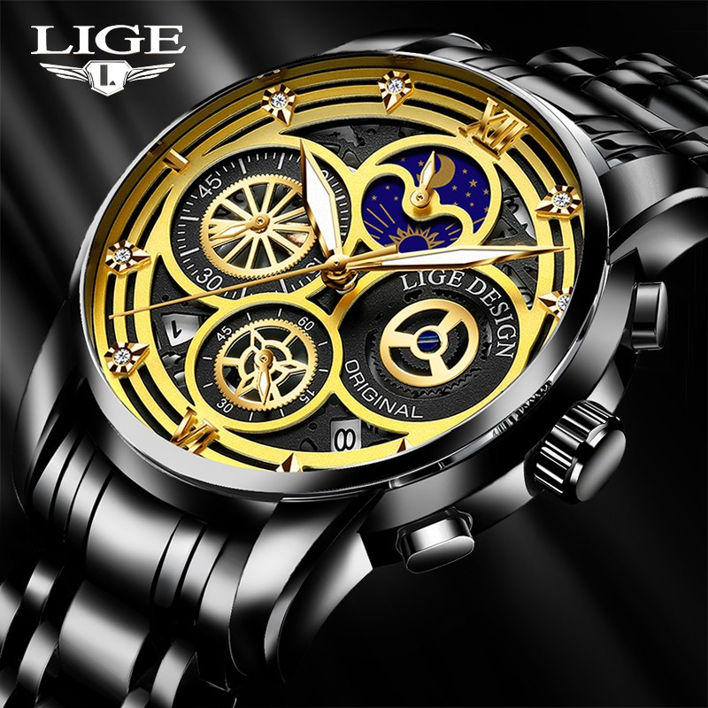 LIGE 8942 Mens Watches Top Brand Luxury Skeleton Quartz Wristwatch Fashion Business Stainless Gold Watch