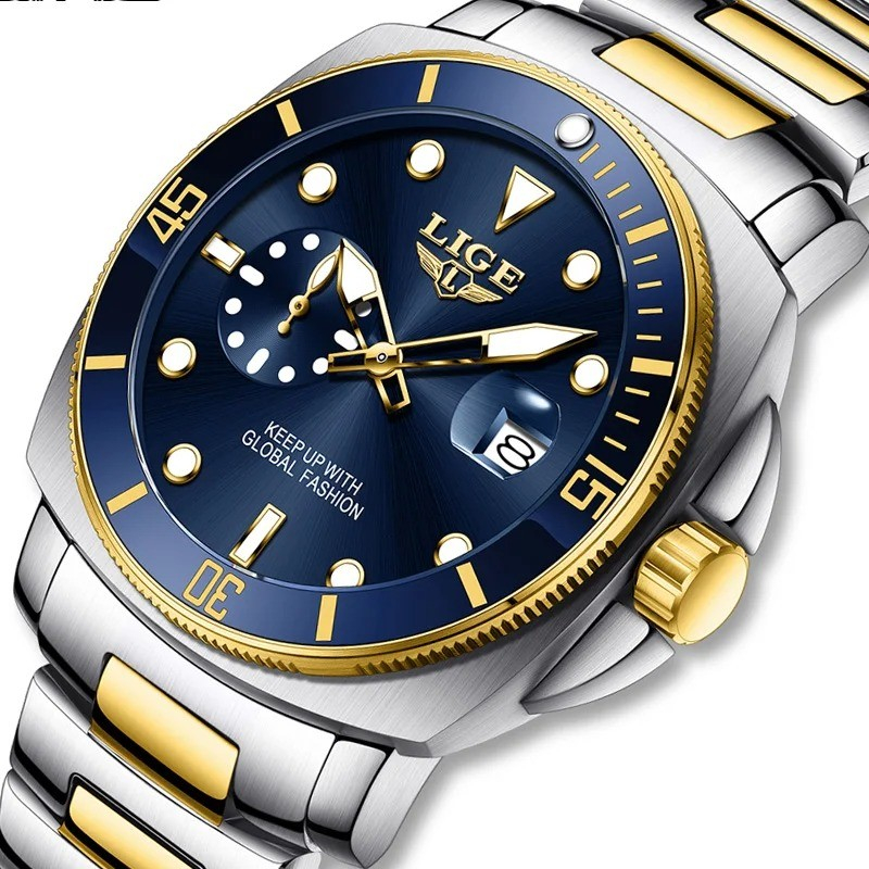 LIGE 89287 Blue Luxury Men's Quartz Watch 30M Waterproof Luminous Stainless Steel Business Casual Wristwatch