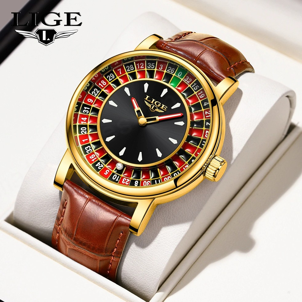 LIGE 89161 Sample Quartz Movement Rotating Watch Gambling Disk Mens Wrist watch