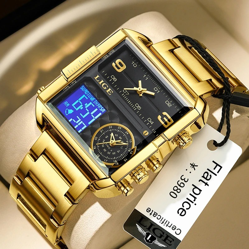 LIGE-8925 Golden Black Men's Luxury Dual Display Watch