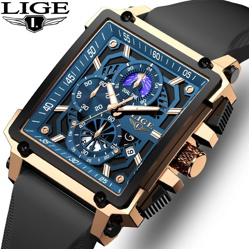 LIGE Mens Silicone Strap Waterproof Watches Top Brand Luxury Hollow Square Sport Watch