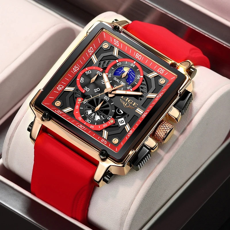 Lige Red Color Top Brand Men's Luxury Silicone Quartz Watch Sports Watches Date Clock Waterproof Wristwatch Chronograph