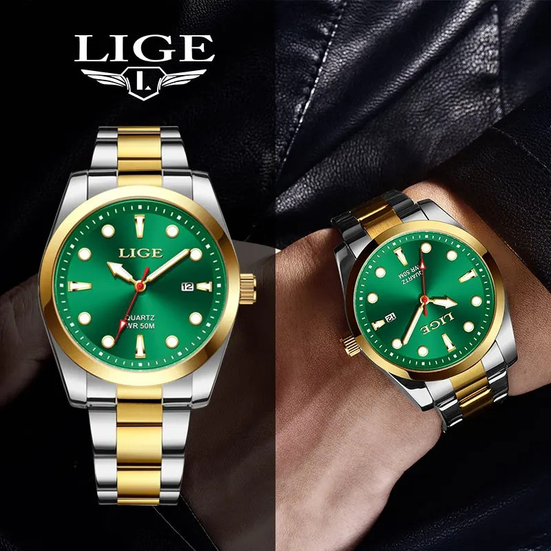 LIGE 89127 GreenTop Brand Luxury Mens Watches Waterproof Ultra Thin Date Clock Male Steel Strap Casual Quartz Watch