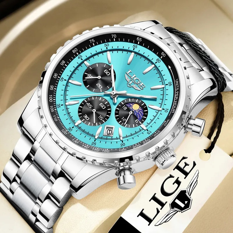 LIGE 8989 Fashion Men Watch Stainless Steel Top Brand Luxury Sport Chronograph Quartz Wrist Watches for Men Relogio Masculino+Box