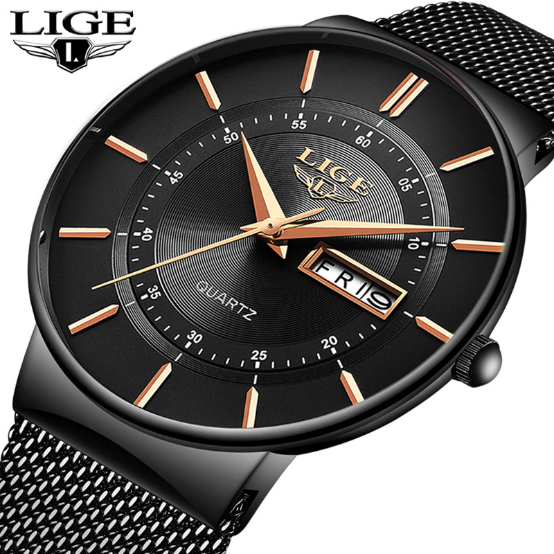 LIGE Top Brand Luxury Waterproof Ultra Thin Date Clock Male Steel Strap Casual Quartz Watch Men Sports Wrist Watch