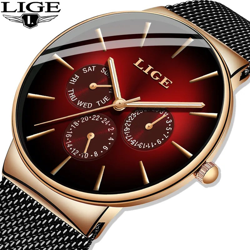 LIGE 9936 New Fashion Mens Watches Top Brand Luxury Quartz Watch Men Mesh Steel Waterproof watch
