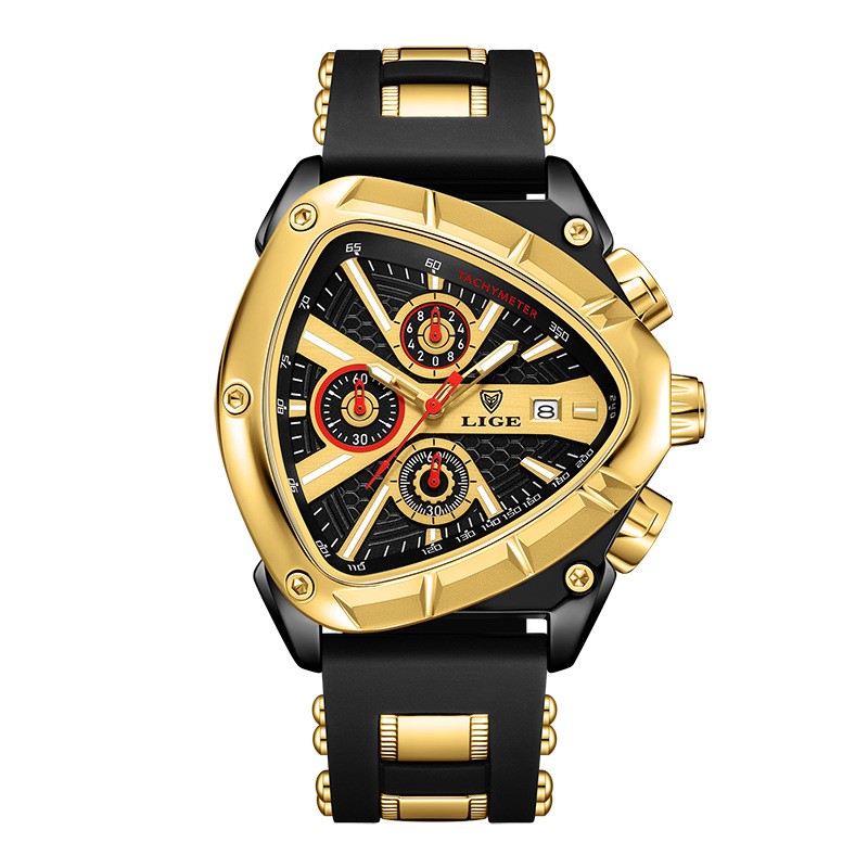 LIGE 89103 Luxury Triangular Dial Chronograph Sports Silicone Wrist Watch for Men
